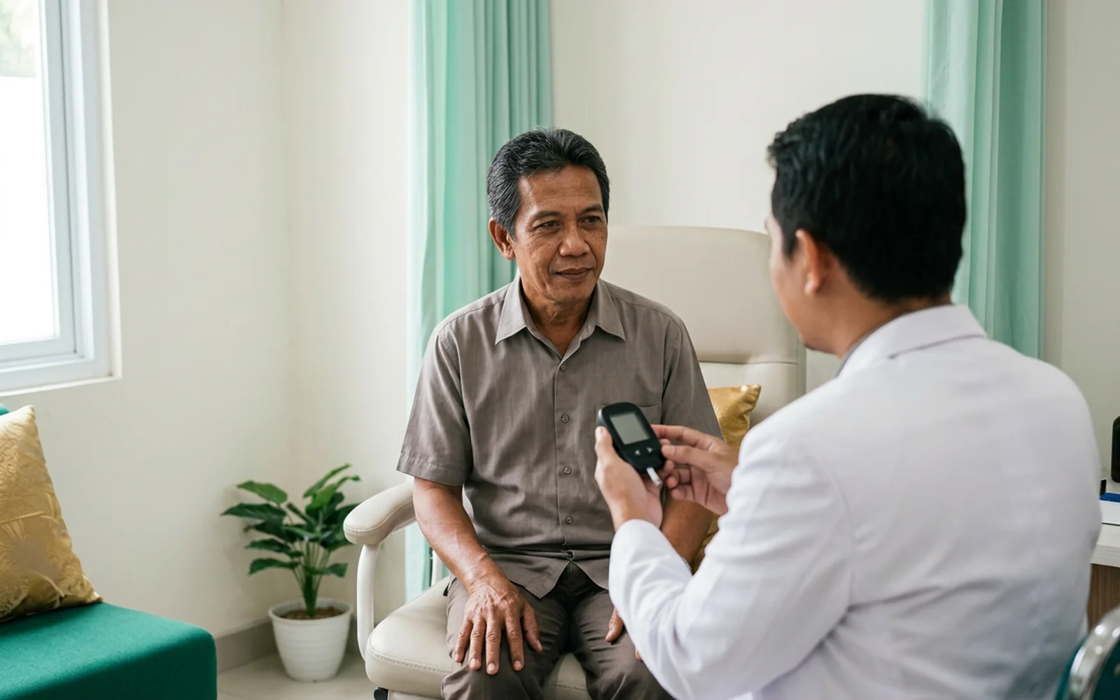 Ilustrasi suasana tenang menggambarkan pemeriksaan kesehatan rutin untuk diabetes dan jantung