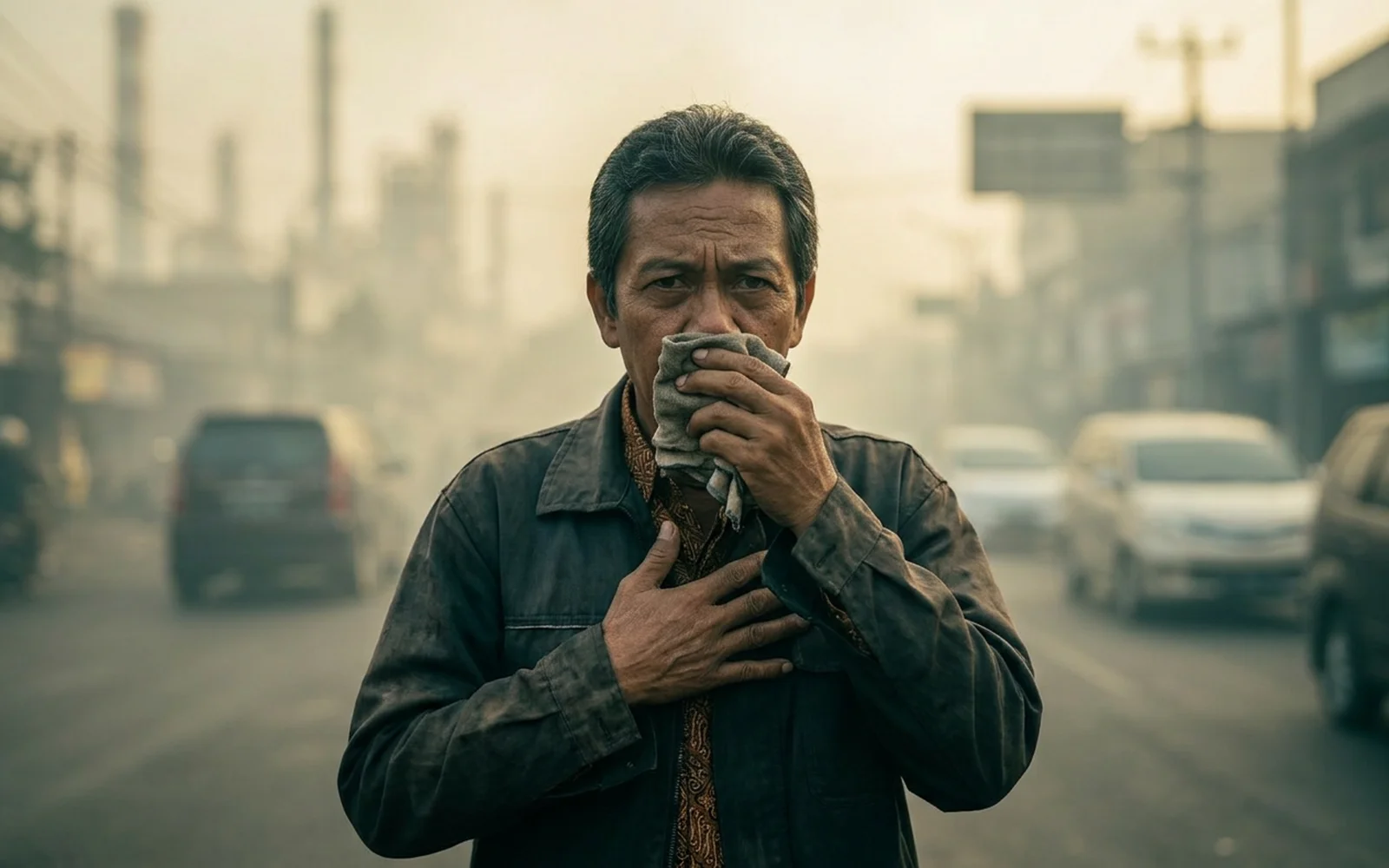 Seorang pria menutup mulut dengan kain sambil memegang dada di jalan raya berpolusi tebal, menggambarkan paparan polusi udara terhadap kesehatan jantung