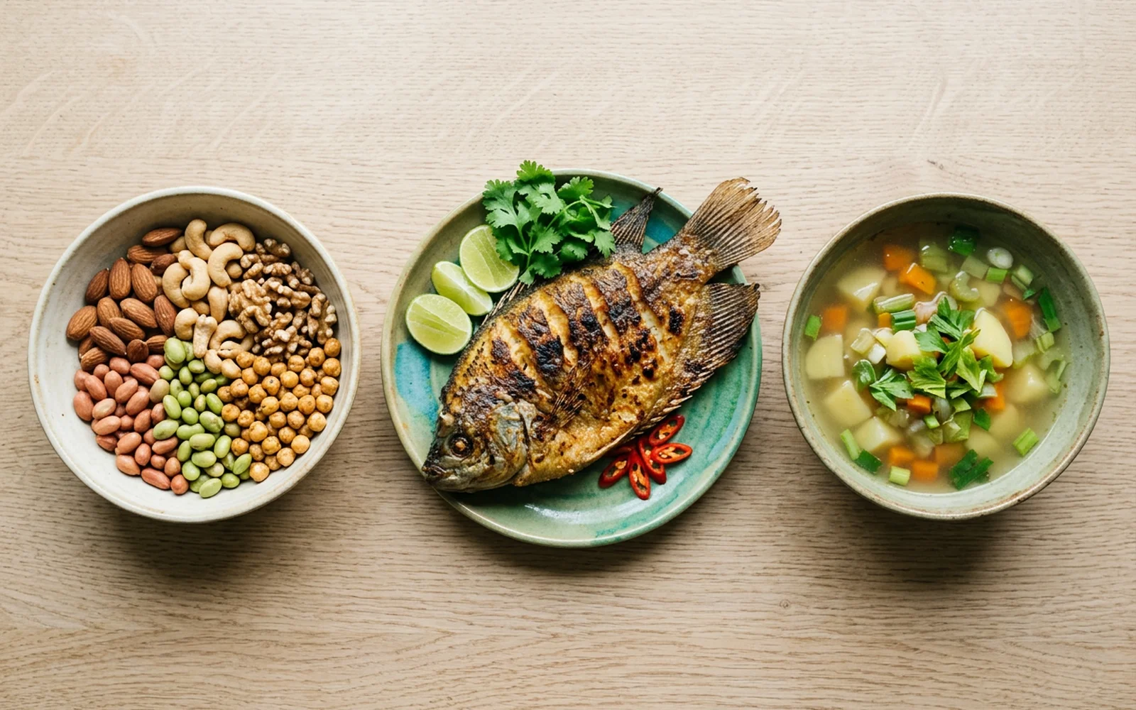 Ilustrasi meja makan sehat dengan sayur hijau, ikan, dan kacang-kacangan untuk kesehatan pembuluh darah