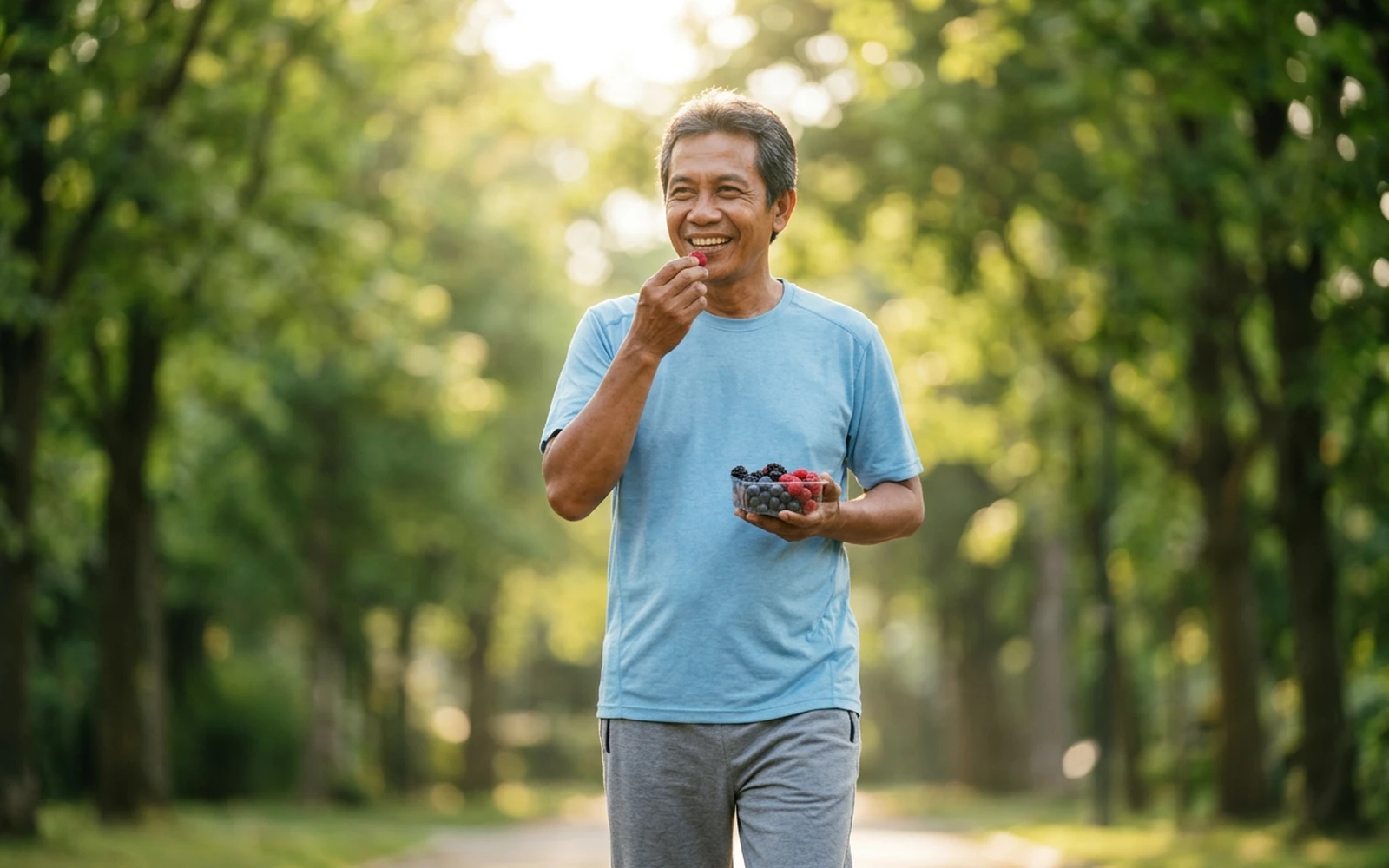 Seorang pria tersenyum makan buah beri sambil jalan kaki di taman, mewakili pola makan kaya antioksidan untuk kesehatan pembuluh darah