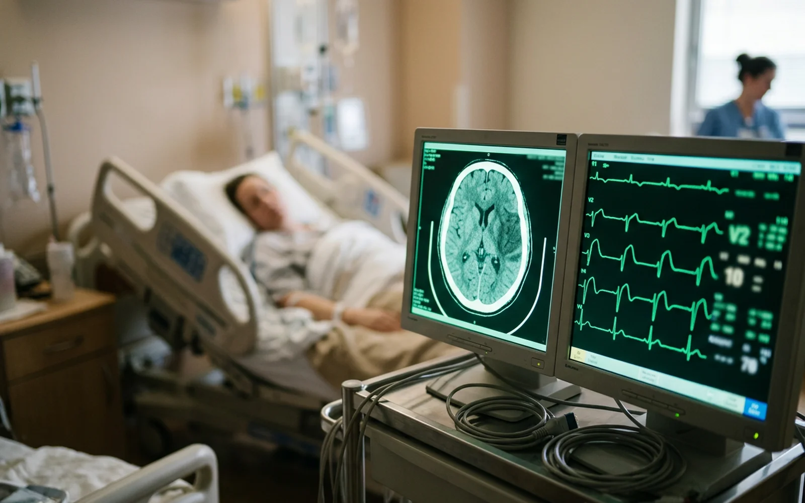 Ruang rawat rumah sakit dengan pasien terbaring di ranjang, monitor menampilkan citra CT scan otak dan rekaman EKG, menggambarkan pemantauan medis untuk stroke dan serangan jantung