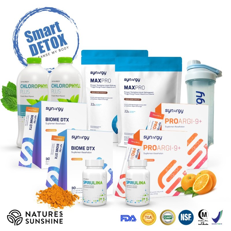 Isi Paket BioProargi-9+ Ultimate: ProArgi-9+, Biome DTX, MaxPro, Chlorophyll Plus, Spirulina, dan shaker